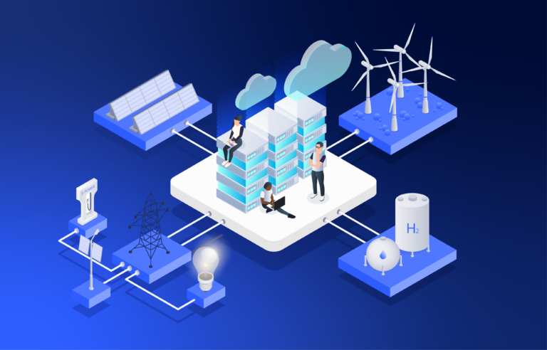 Grafik, die die Cloud-Infrastruktur in der Energiebranche illustriert. Sie zeigt verschiedene Elemente wie Solarpanels, Windkraftanlagen, Wasserstofftanks und elektrische Infrastruktur.